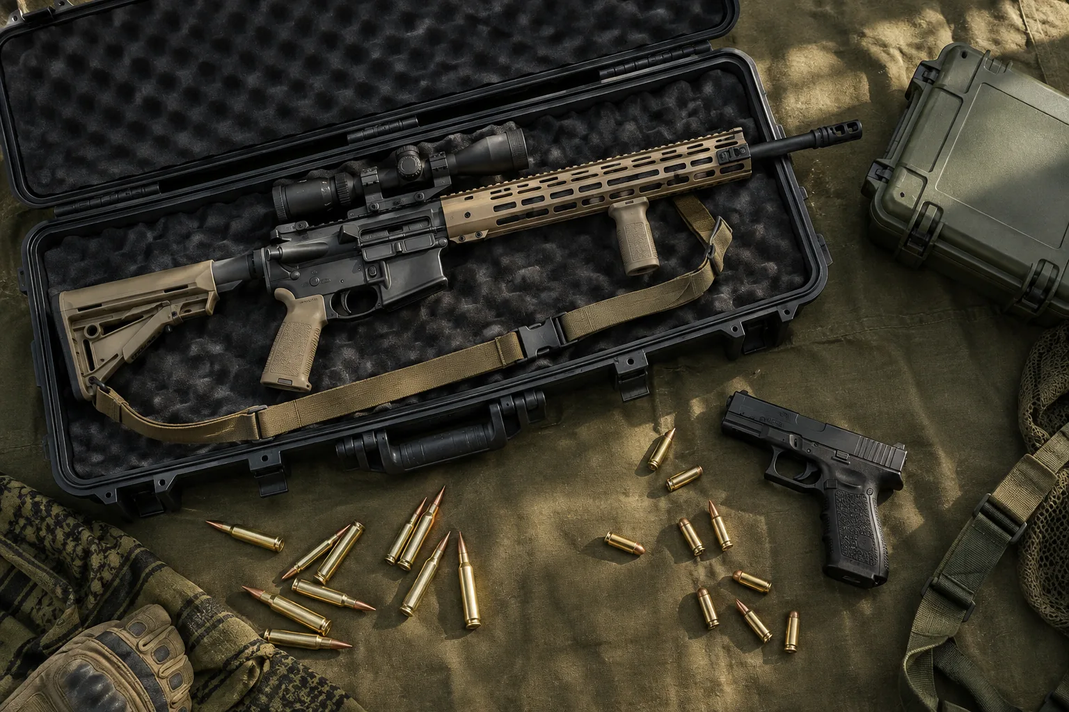 Generated overhead still life of a tactical rifle and handgun with brass ammunition and rugged cases on olive canvas.