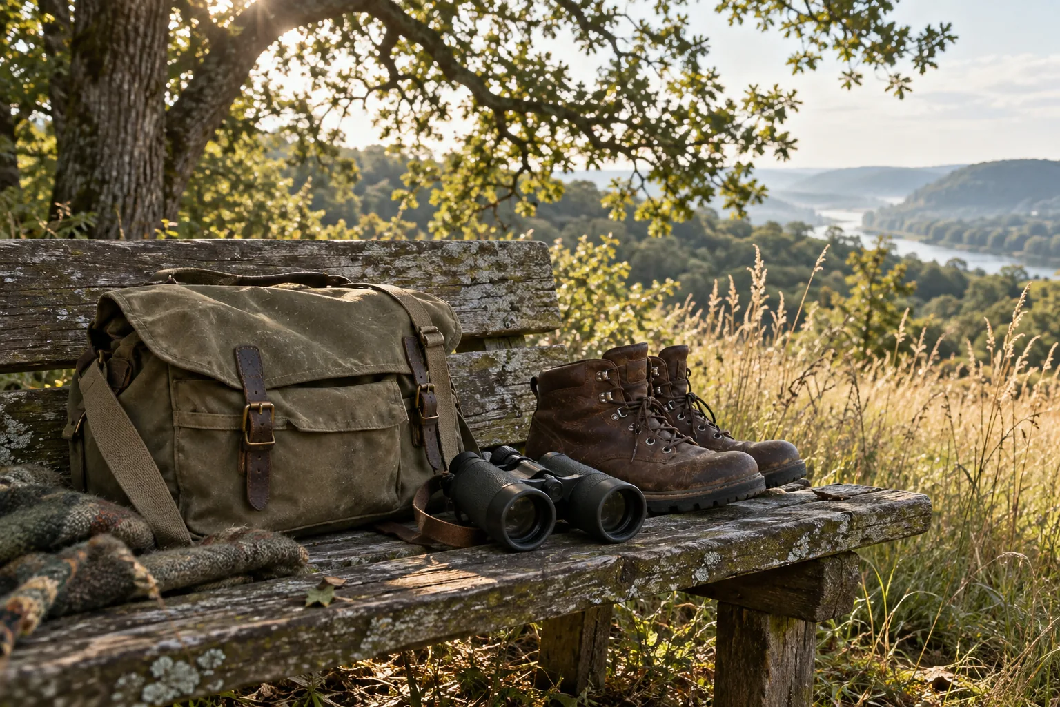 Illustrative outdoor field bag, boots, and binoculars.