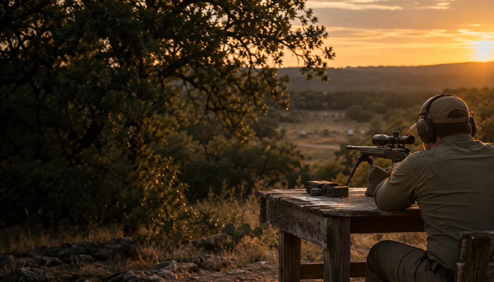 Generated outdoor sporting range scene at sunset.