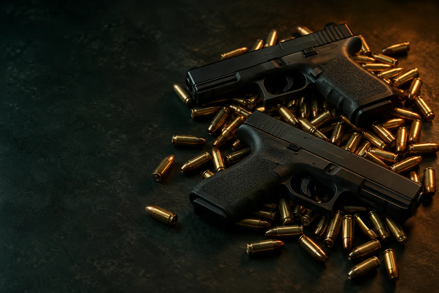 Illustrative still life of two handguns resting on loose ammunition.