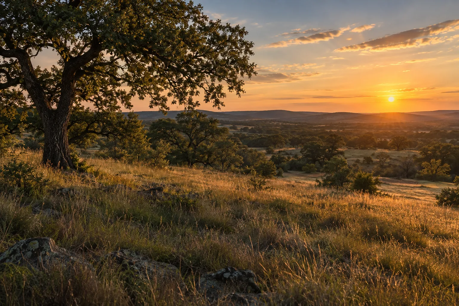 Illustrative open Texas grassland and oak trees.