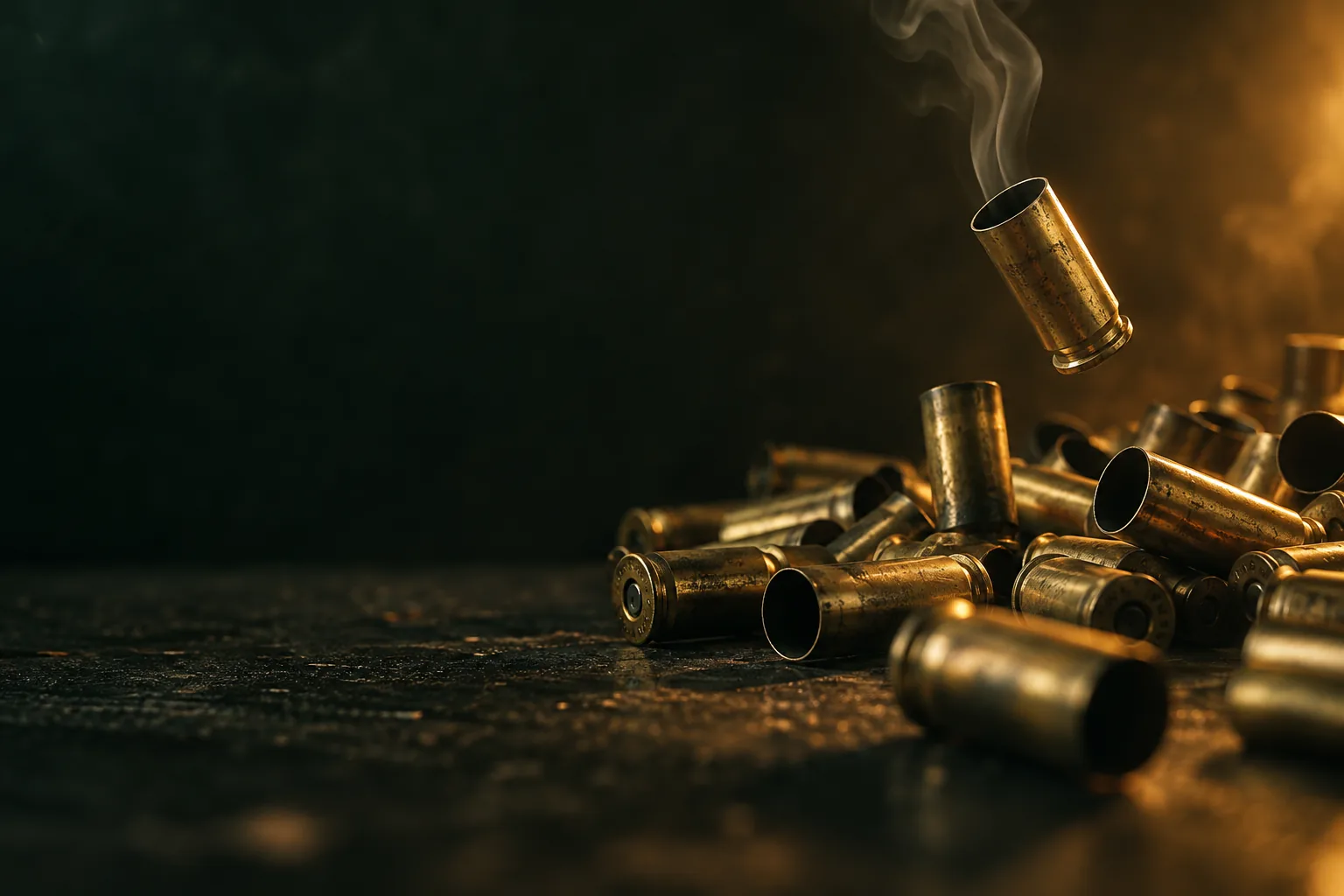 An illustrative macro still life of empty spent brass casings and a faint wisp of smoke.