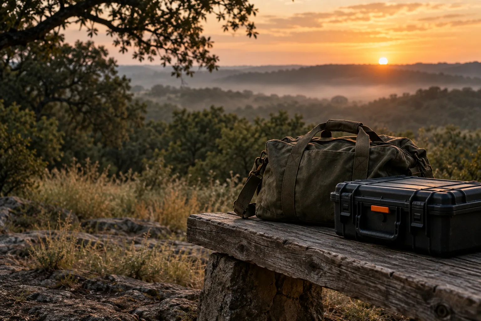 Generated outdoor scene with an olive bag and closed protective case.