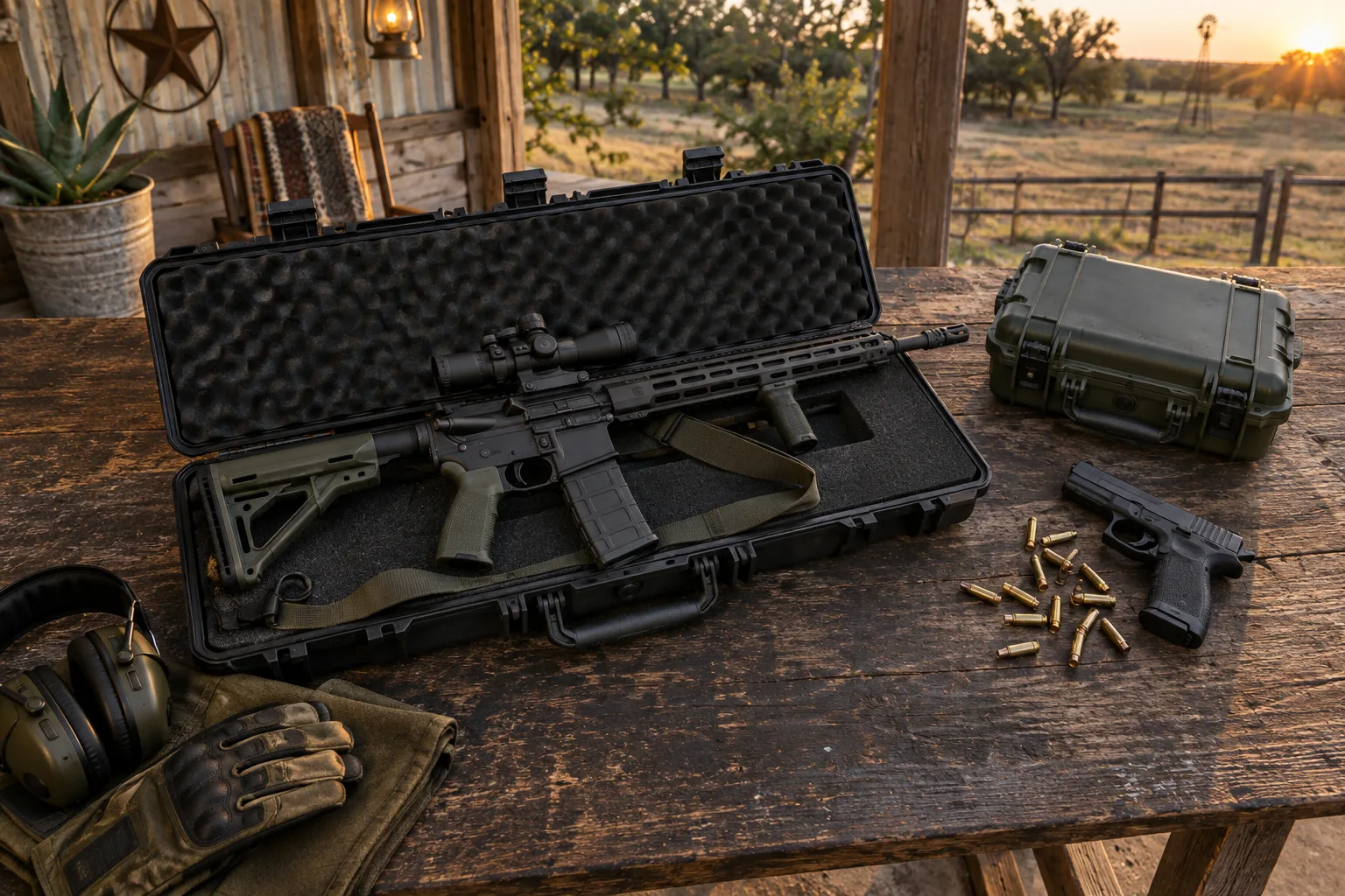 Generated still life of a tactical rifle, handgun, brass ammunition and protective cases on a rustic bench.
