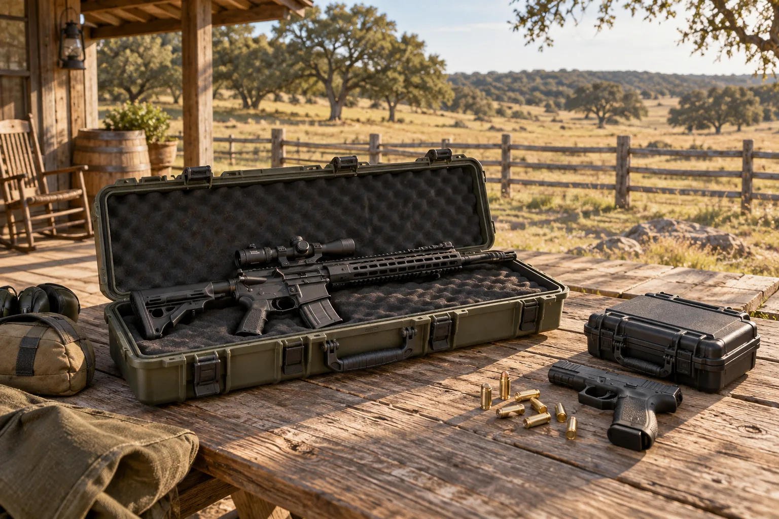 Generated ranch-porch scene with a tactical rifle, handgun, ammunition and olive protective cases.