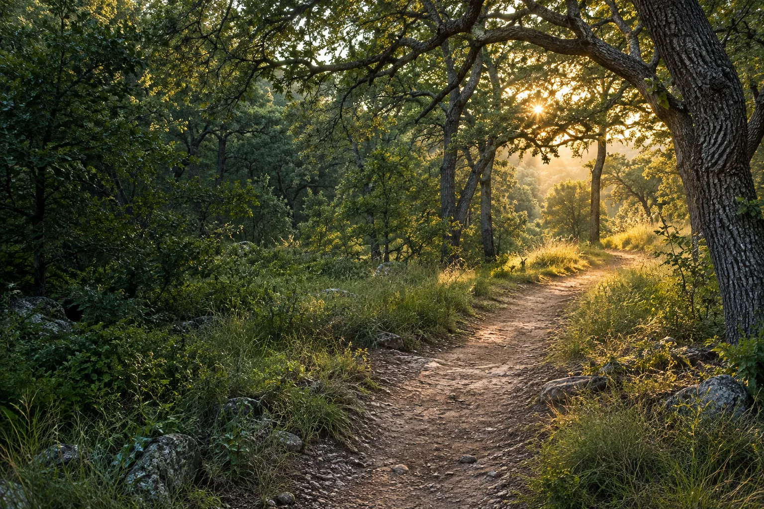 Illustrative woodland walking trail in early morning light.